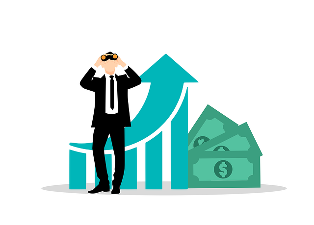 Illustration of a businessman with binoculars in front of a graph and some dollar bills