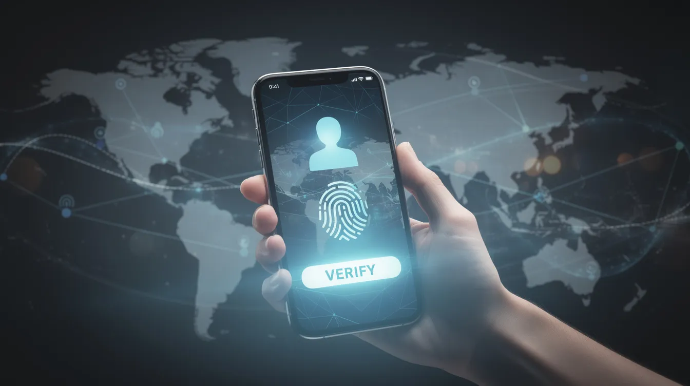A person is holding a smartphone displaying a glowing digital identity verification screen, surrounded by abstract global network lines, symbolizing advanced identity verification processes used by financial institutions for fraud prevention and compliance with regulatory requirements. This image highlights the importance of automated document verification and ongoing monitoring in streamlining customer onboarding and ensuring financial security.