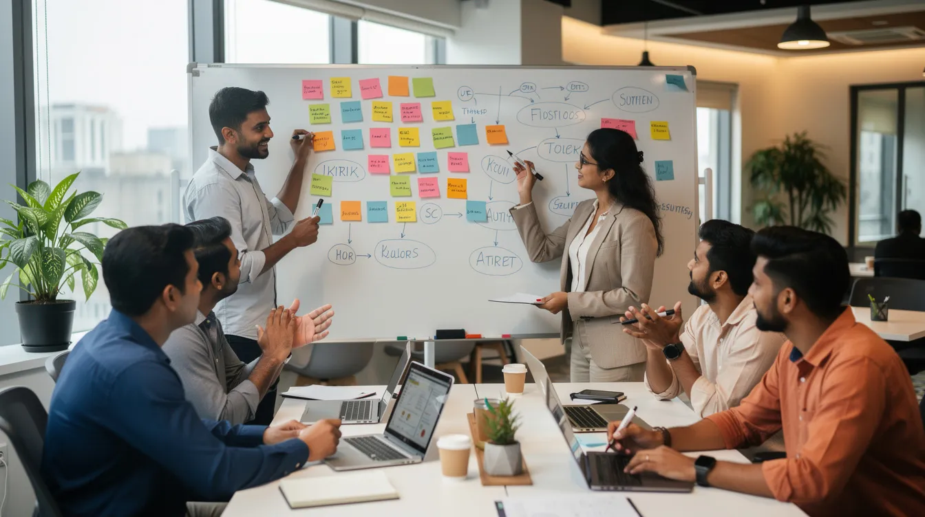 A diverse group of Indian entrepreneurs is engaged in a brainstorming session around a whiteboard in a modern co-working space, discussing business ideas and market trends. Their collaborative environment fosters the generation of innovative solutions and insights into emerging trends and business opportunities.