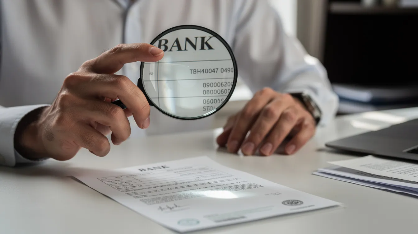 A person is closely examining a bank document with a magnifying glass, highlighting the importance of details related to loans, such as interest rates and loan amounts. This scene emphasizes the scrutiny needed when dealing with financial institutions and funding options like Mudra loans for micro enterprises in India.