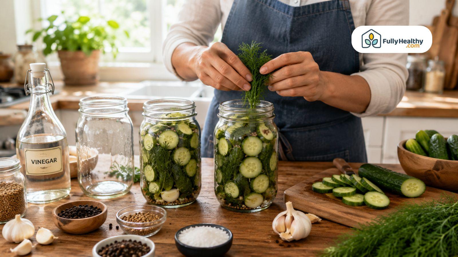 Person preparing homemade pickles with cucumbers vinegar garlic dill and mason jars