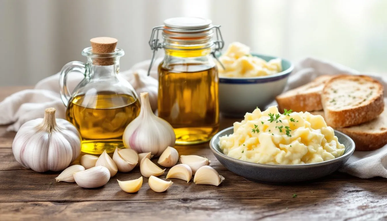 The image shows a variety of garlic-containing foods, including garlic bread, fresh garlic, and garlic powder, beautifully arranged on a table. It