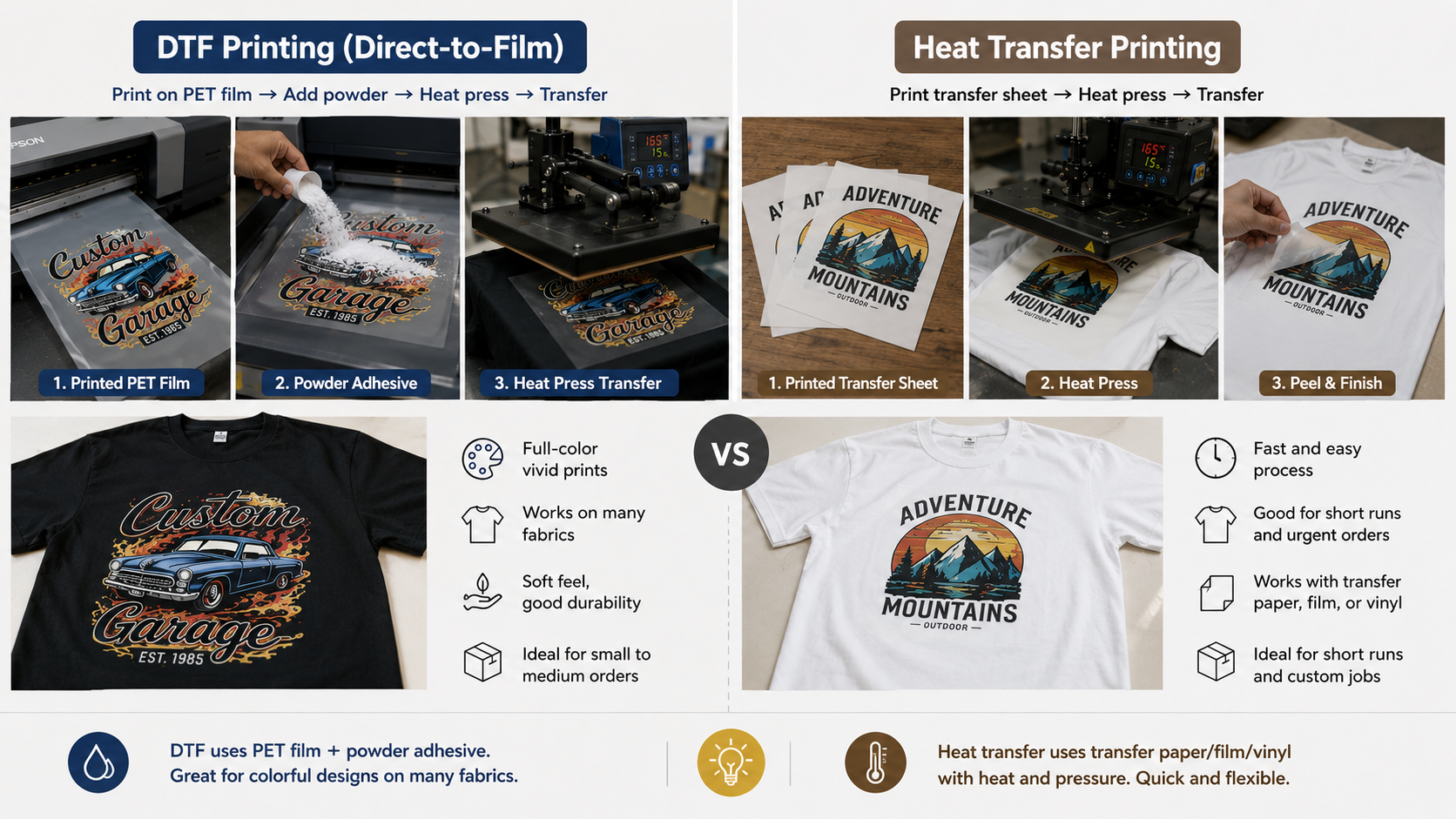 DTF printing versus heat transfer printing comparison for custom T-shirt logo production