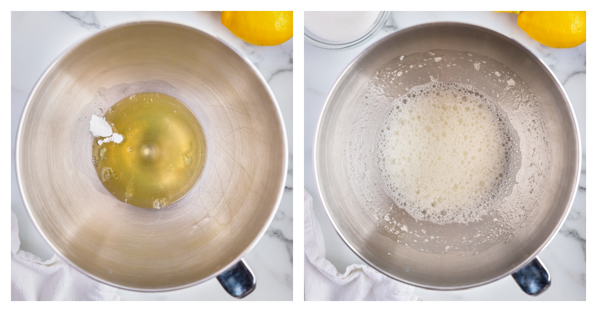 two photos of egg whites and cream of tartar whipped and unmixed