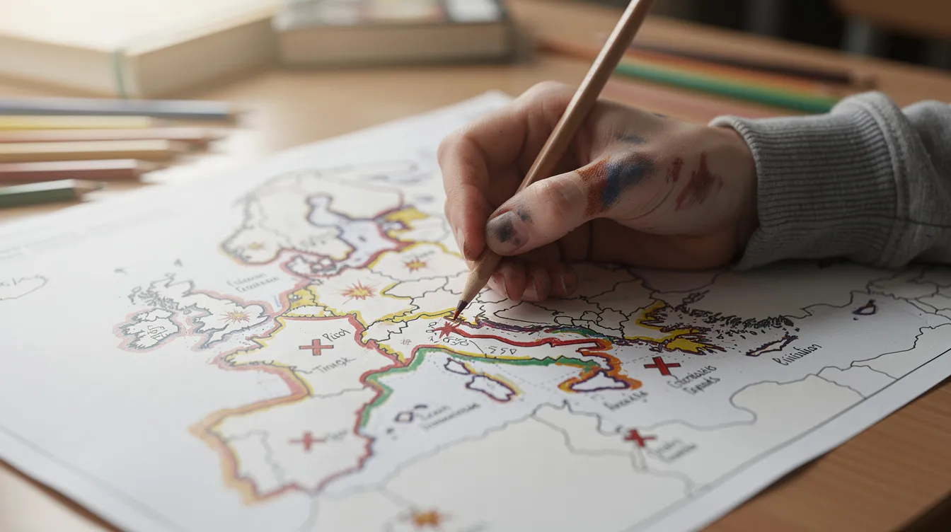 Na obrazie widać rękę ucznia, kt&oacute;ra rysuje kolorowe granice na schematycznej mapie Europy, zaznaczając jednocześnie miejsca bitew. Obrazek może być przydatny w kontekście historii, szczeg&oacute;lnie dla uczni&oacute;w klasy 6, przygotowujących się do sprawdzian&oacute;w z zestaw&oacute;w nowej ery.