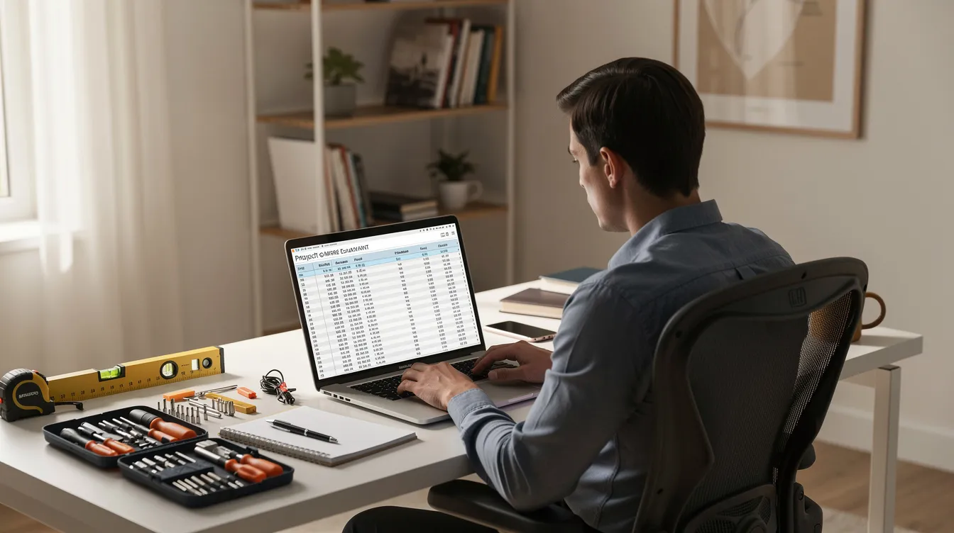 A person is seated at a tidy home office desk, focused on reviewing project estimates on their laptop, with various organized tools nearby. This setting reflects the essence of running a home-based franchise business, where individuals can manage their own schedules and work towards financial independence.