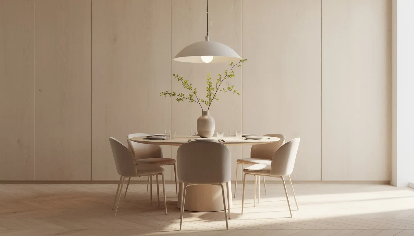 Een stijlvolle eetkamer met lichte houten wandpanelen die een warme sfeer creëren, en een ronde tafel in het midden die uitnodigt tot gezelligheid. De combinatie van de houten wandpanelen en het stijlvolle design geeft de ruimte een luxe uitstraling.