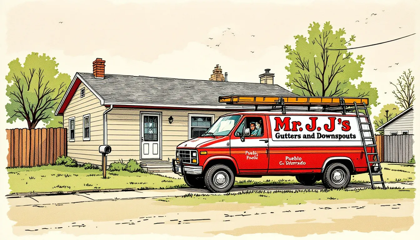 Mr. J's Gutters and Downspouts service vehicle parked outside a home.