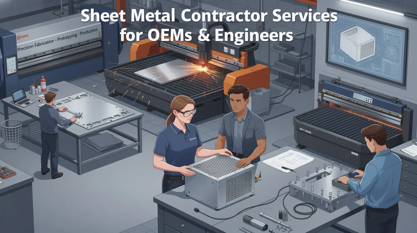 This image showcases a team of sheet metal contractors working on custom sheet metal fabrication for large commercial projects. The scene highlights their commitment to high-quality products and precision in the fabrication process, emphasizing their expertise in materials like aluminum and steel.