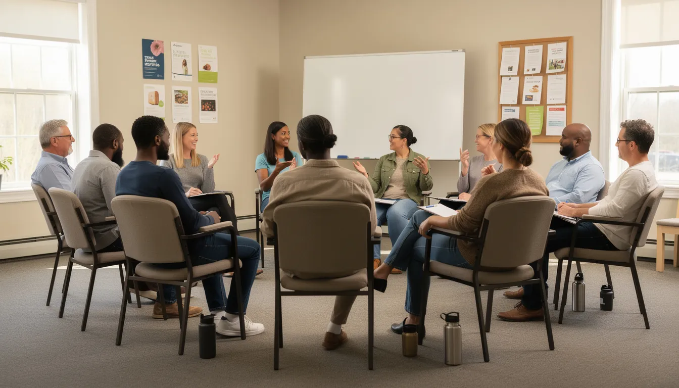 A diverse group of people is gathered in a community meeting room, engaged in a discussion about resident feedback and communication strategies. The atmosphere reflects open communication, as residents feel heard and valued, fostering a stronger sense of community and improving overall satisfaction.
