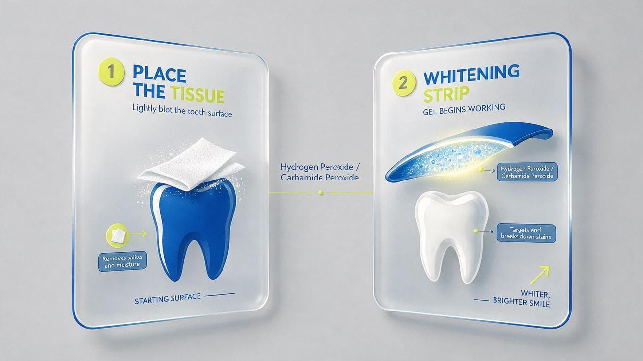 Two-panel illustration: a tissue lightly blots the tooth surface, then the whitening strip's hydrogen or carbamide peroxide gel begins working toward a whiter smile