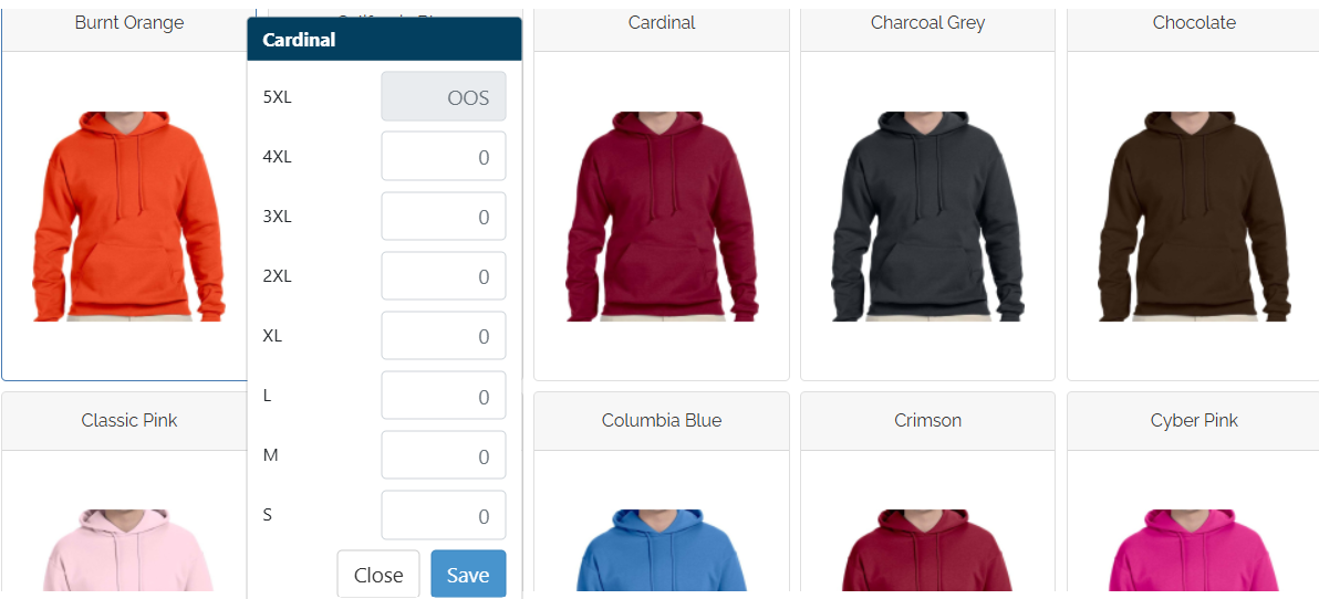 Select Sizes and Quantities