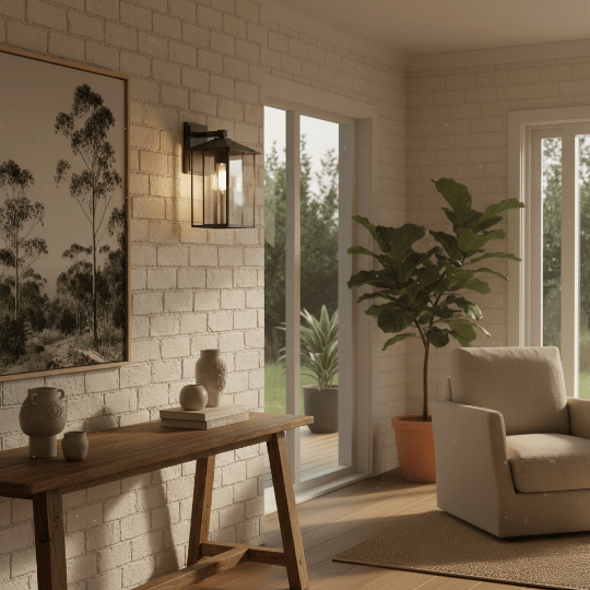 Outdoor-rated wall light styled inside modern living room.