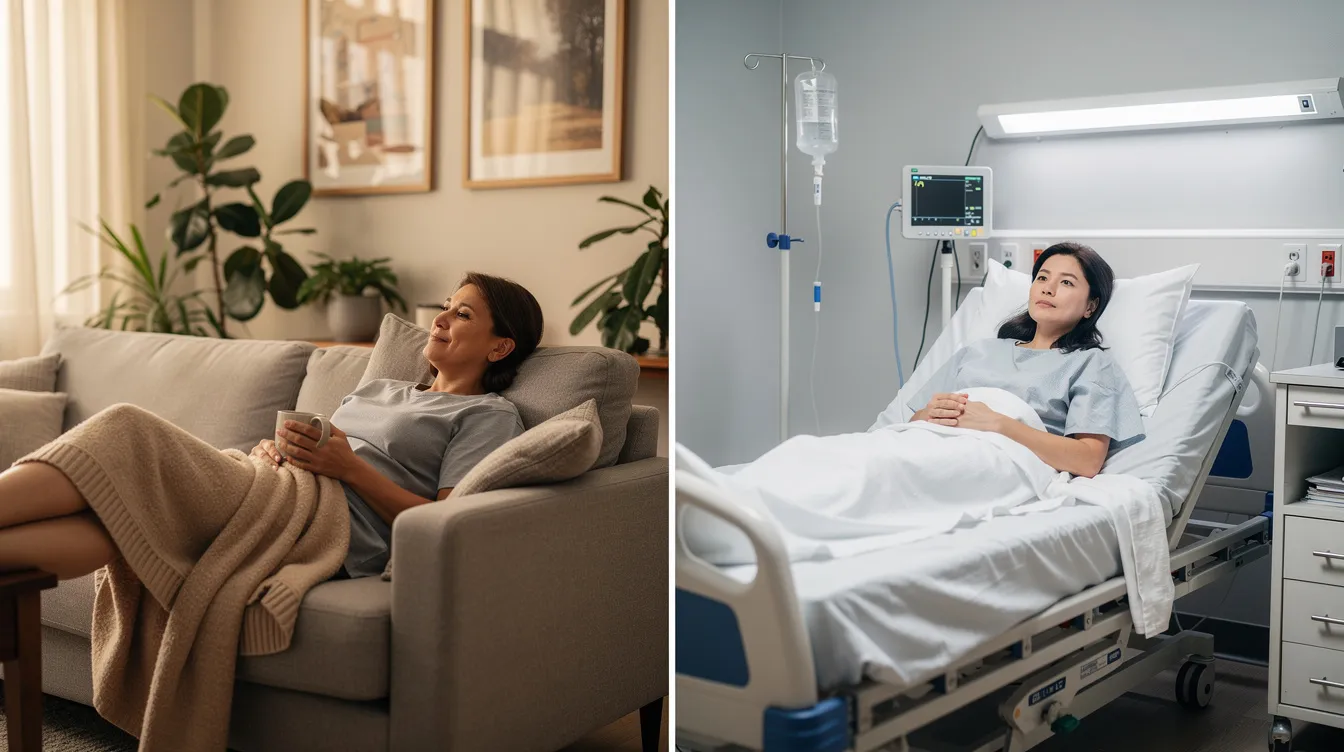 The image features two side-by-side scenes: on the left, a person is relaxing comfortably on a couch, while on the right, another individual is resting in a medical recovery setting after a surgical procedure, possibly related to a Brazilian butt lift or Sculptra treatment. The contrasting environments highlight the difference between casual relaxation and post-operative recovery, emphasizing the journey toward achieving aesthetic goals.