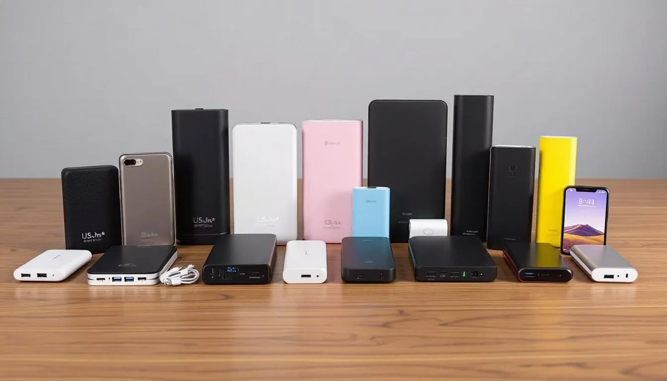 In der Abbildung sind verschiedene Arten von Powerbanks zu sehen, die jeweils unterschiedliche Kapazitäten, Anschlüsse wie USB-C und USB-A sowie Ladegeräte für Smartphones und Tablets bieten. Die Powerbanks sind in verschiedenen Größen und Designs angeordnet, um eine Übersicht über die verfügbaren Modelle und deren Leistungsfähigkeit zu geben.