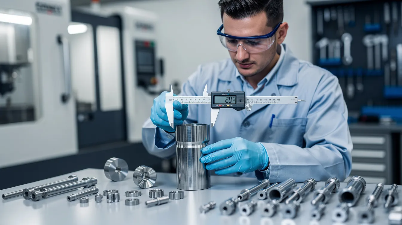 An engineer is closely examining precision sheet metal parts using calipers on an inspection table in a clean factory environment, highlighting the importance of quality control in the production process. This setting showcases advanced equipment and techniques such as CNC machining and metal stamping, essential for ensuring high precision and dimensional accuracy in metal fabrication.