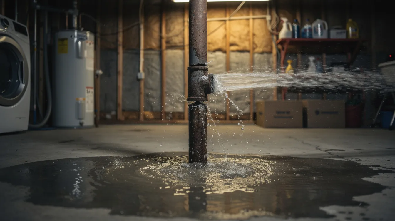 In a dimly lit home utility room, a burst pipe sprays water, creating a chaotic scene that highlights the urgency of plumbing emergencies. This situation may require the expertise of a licensed plumber to address the plumbing issue and prevent further damage, potentially influencing plumbing costs based on the job complexity.