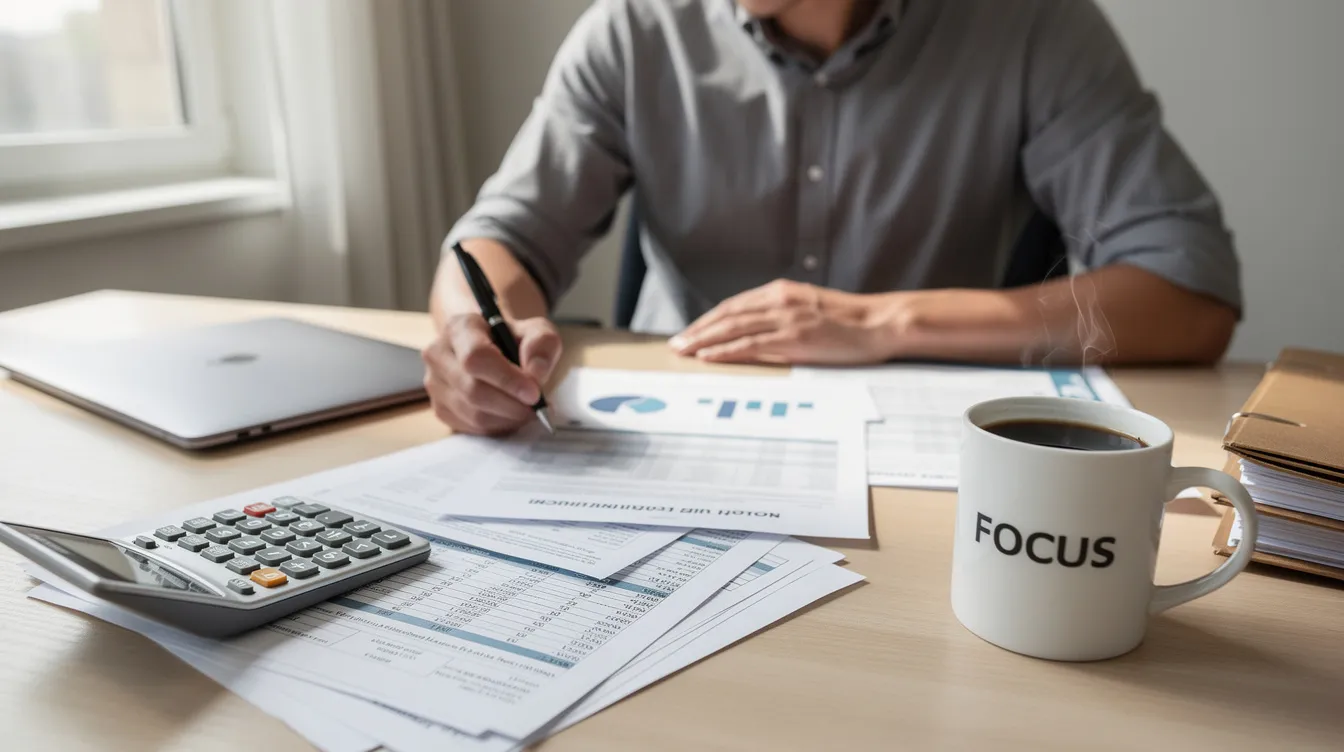 The image shows a person seated at a desk, diligently reviewing financial documents related to retirement accounts, with a calculator and a coffee mug nearby. This scene reflects the importance of understanding tax implications, such as required minimum distributions (RMDs) and investment strategies for a secure financial future.