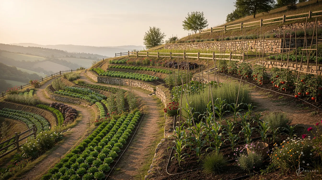 a895b838 f406 4344 b65f 0f6f14a5823c The image depicts a terraced organic farm on a hillside, showcasing diverse crops growing in neat rows, emphasizing sustainable agriculture and the potential for profitable business ideas in Uttarakhand. This vibrant landscape highlights the importance of natural resources and entrepreneurial opportunities in the region.