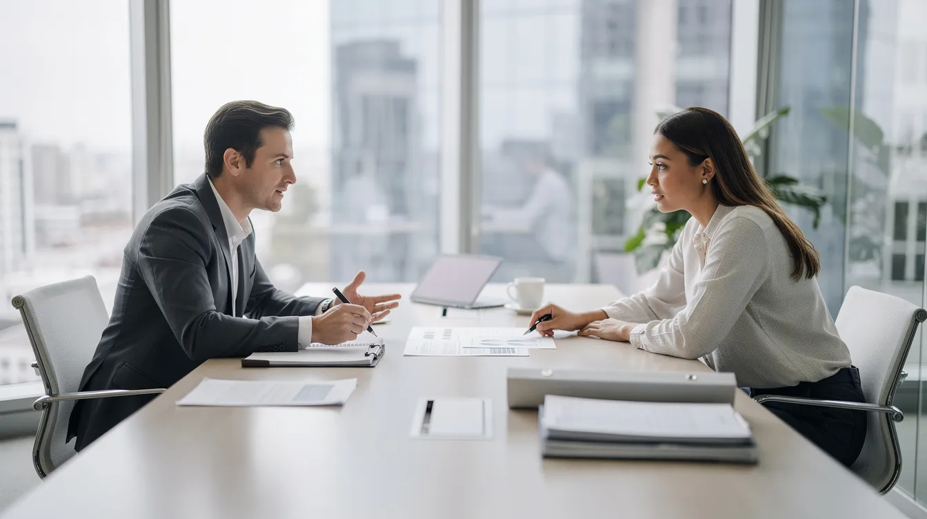 In a clean, modern office, an advisor is explaining financial documents to a client during a professional meeting, emphasizing the importance of planning for income and retirement. The two individuals are engaged in a focused discussion about various types of investments and the implications for their future financial well-being.