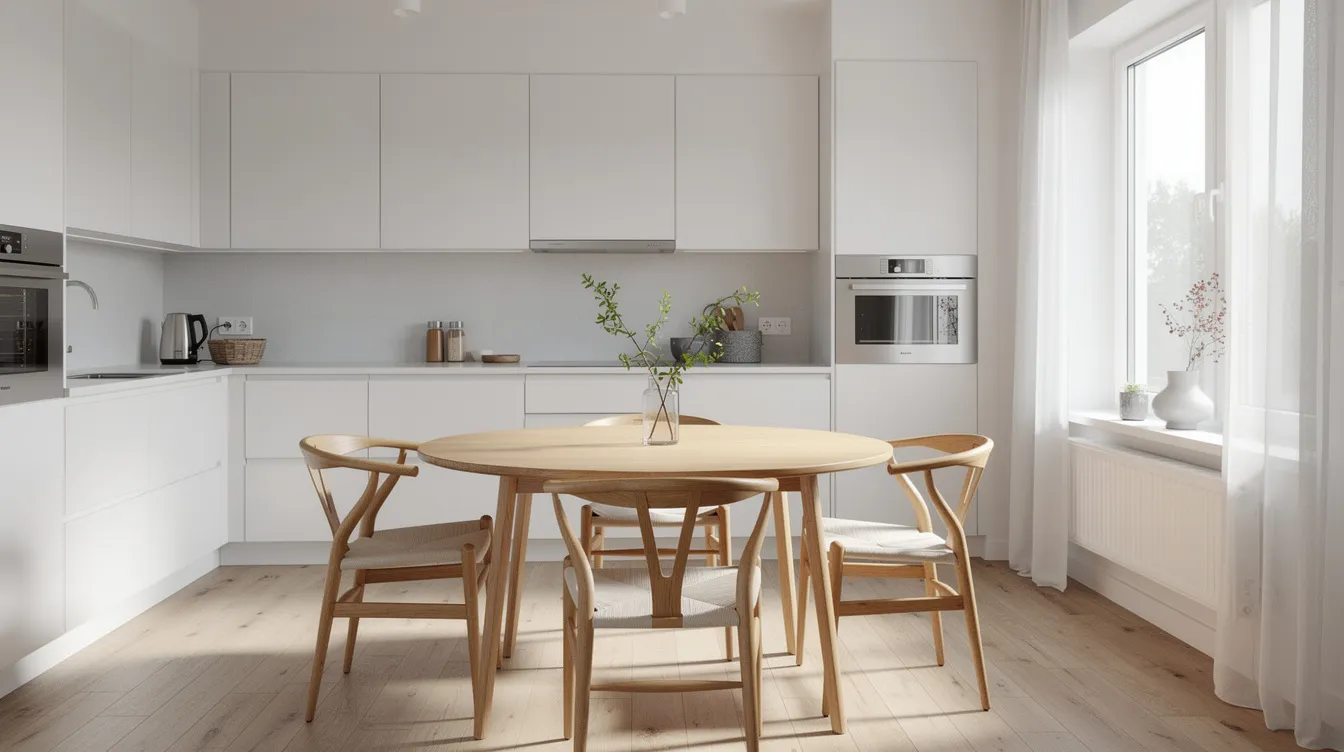 Ett ljust skandinaviskt kök med ett ovalt matbord i ek, omgiven av fyra stolar, står vid ett stort fönster som släpper in mycket naturligt ljus. Den stiliga designen och det naturliga materialet ger en varm och inbjudande atmosfär, perfekt för sociala stunder med familj och vänner.