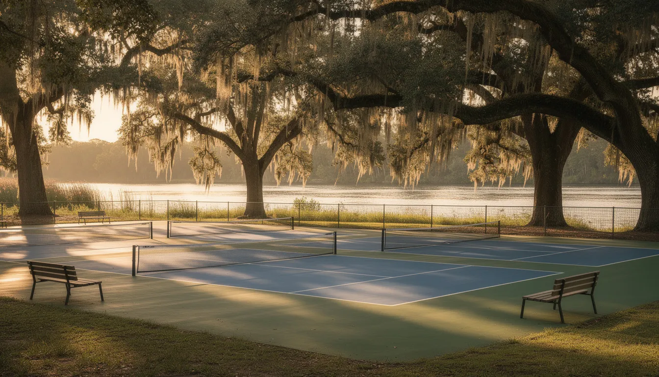The image depicts dedicated pickleball courts nestled among ancient oak trees draped with Spanish moss, located near a tranquil river. This picturesque setting offers an ideal spot for pickleball enthusiasts to enjoy their favorite sport in a serene environment, perfect for a luxury pickleball vacation.