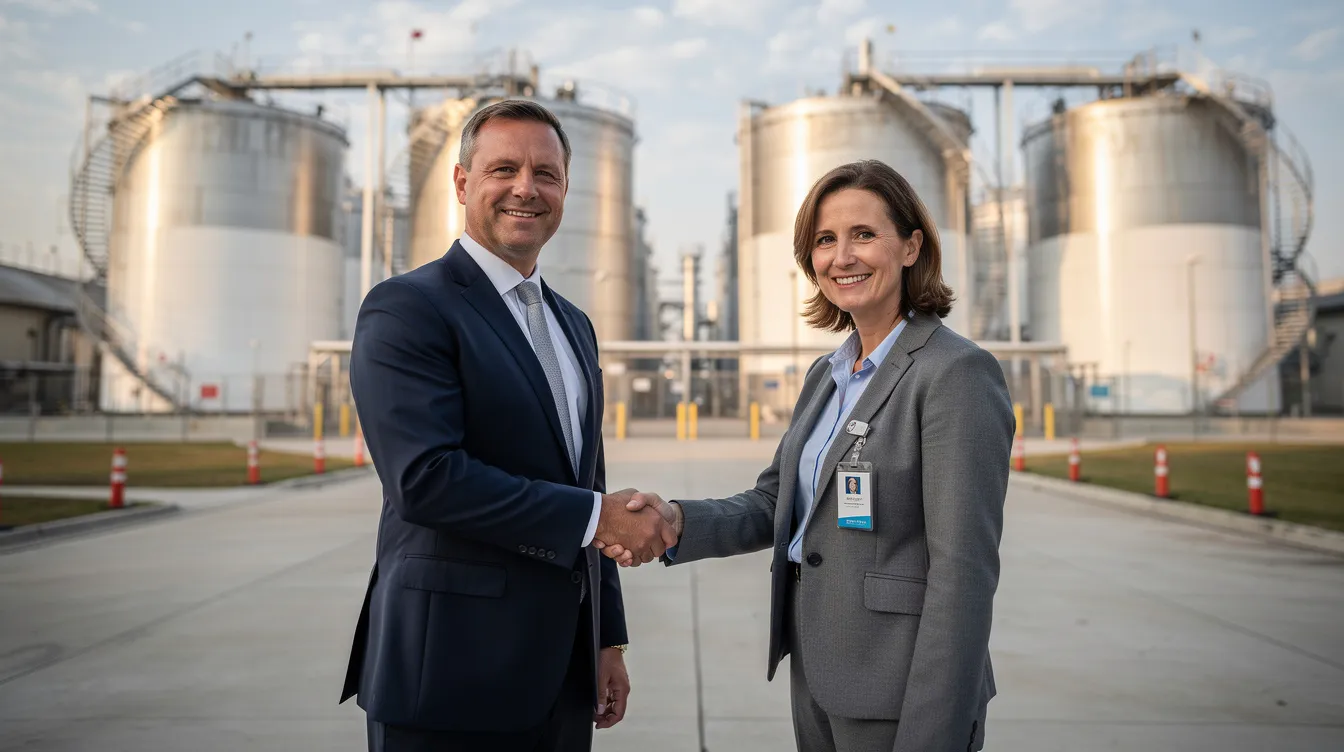 Two business professionals are shaking hands in front of an industrial facility featuring large storage tanks, symbolizing a partnership in the oil and gas industry. This scene reflects the collaboration between energy companies and oil and gas producers as they navigate agreements and negotiations related to oil and gas assets.