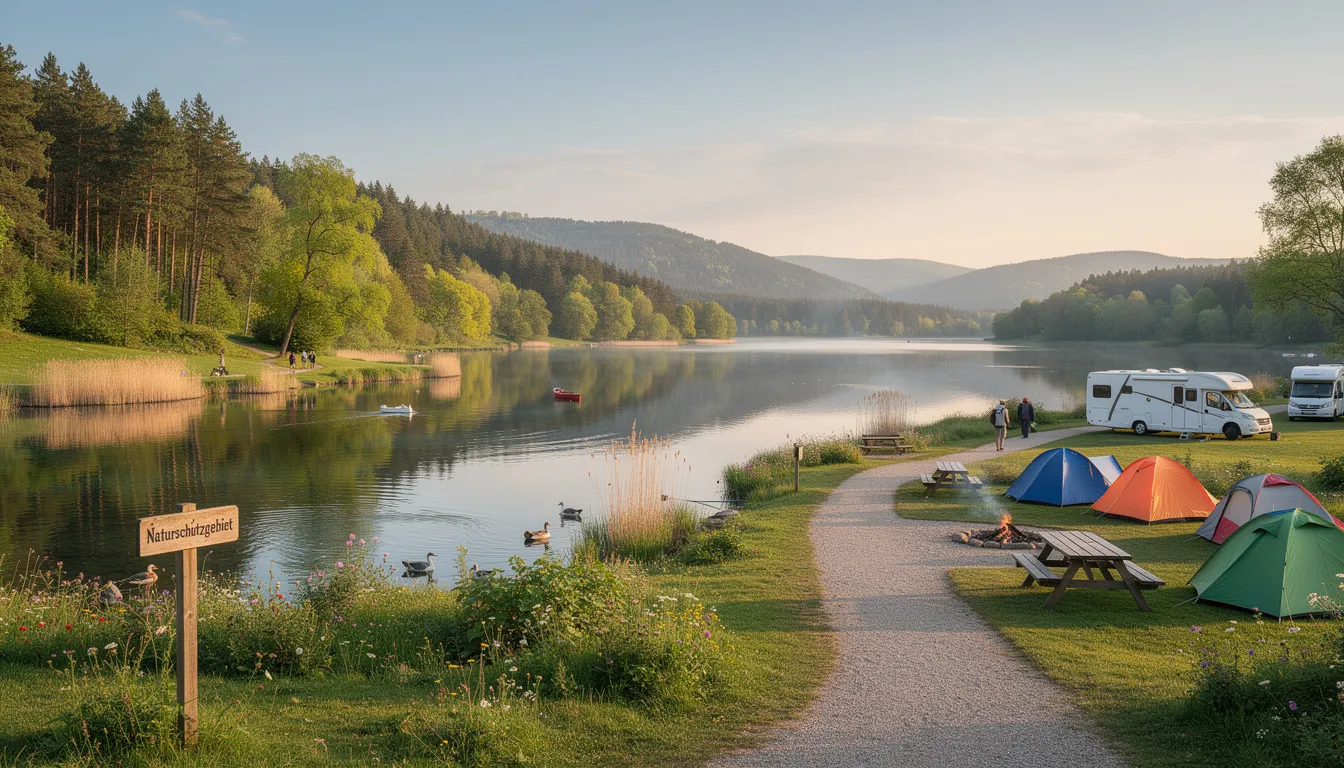 Die friedliche deutsche Seelandschaft zeigt einen idyllischen Campingplatz inmitten eines Naturschutzgebiets, umgeben von sanften Hügeln und einem glitzernden See. Die ruhige Umgebung lädt zur Erholung ein und könnte auch für prominente Persönlichkeiten wie Helene Fischer ein attraktives Zuhause in der Nähe von Inning am Ammersee sein.