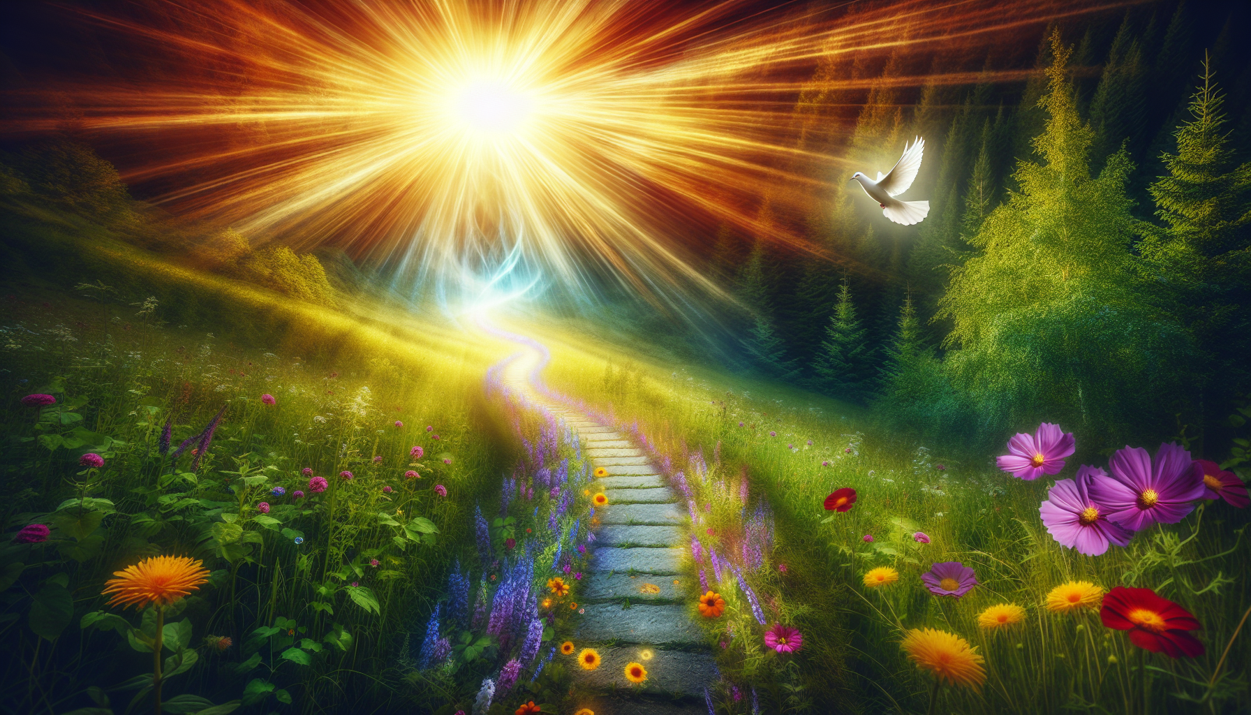 Path leading towards a radiant spiritual light, symbolizing a life led by the Holy Spirit
