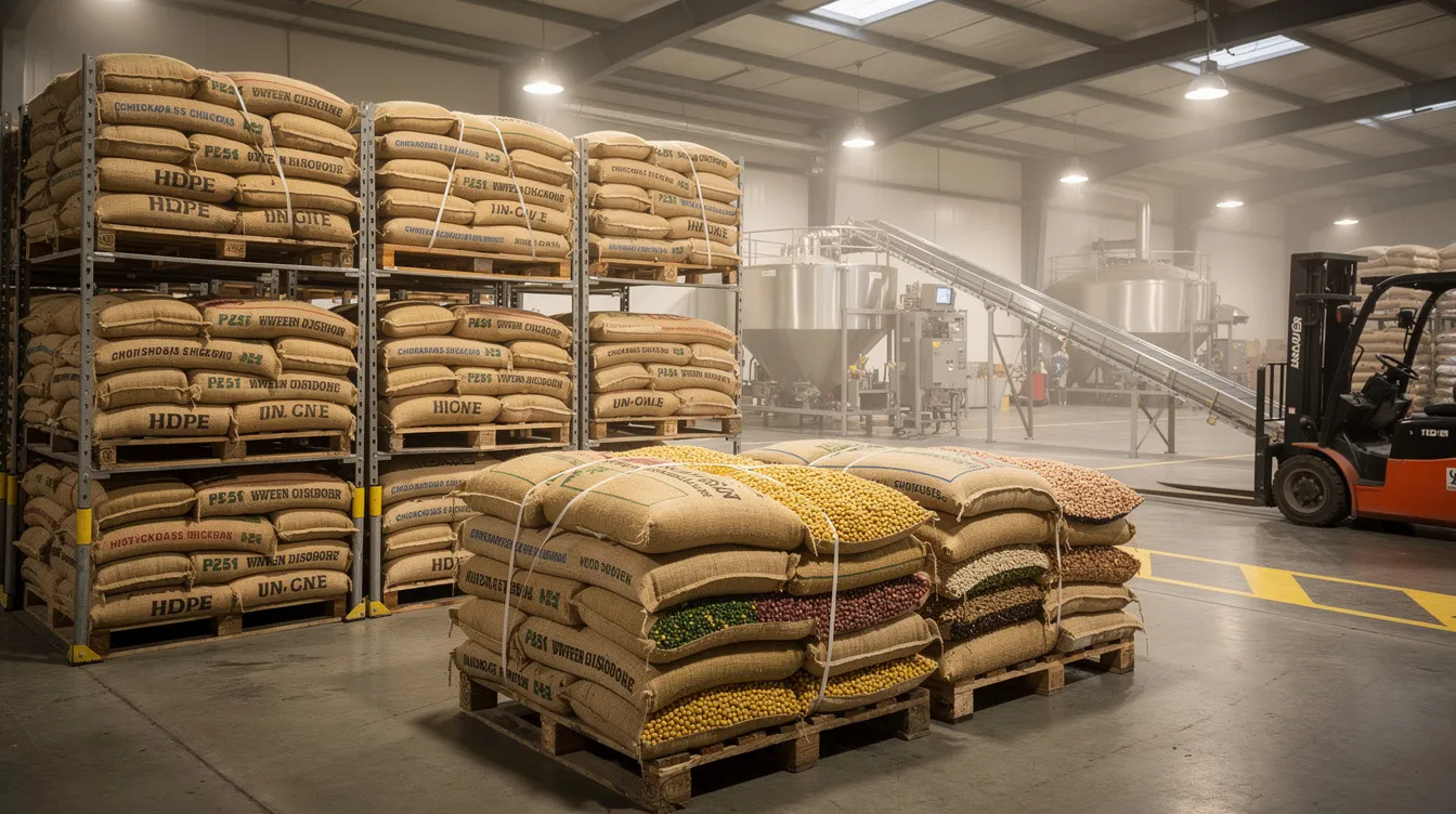 The image shows a warehouse filled with large jute and HDPE bags containing chickpeas and grains, ready for processing in a fully automatic besan plant. The setup suggests a focus on efficiency and quality in food processing, particularly for gram flour production.