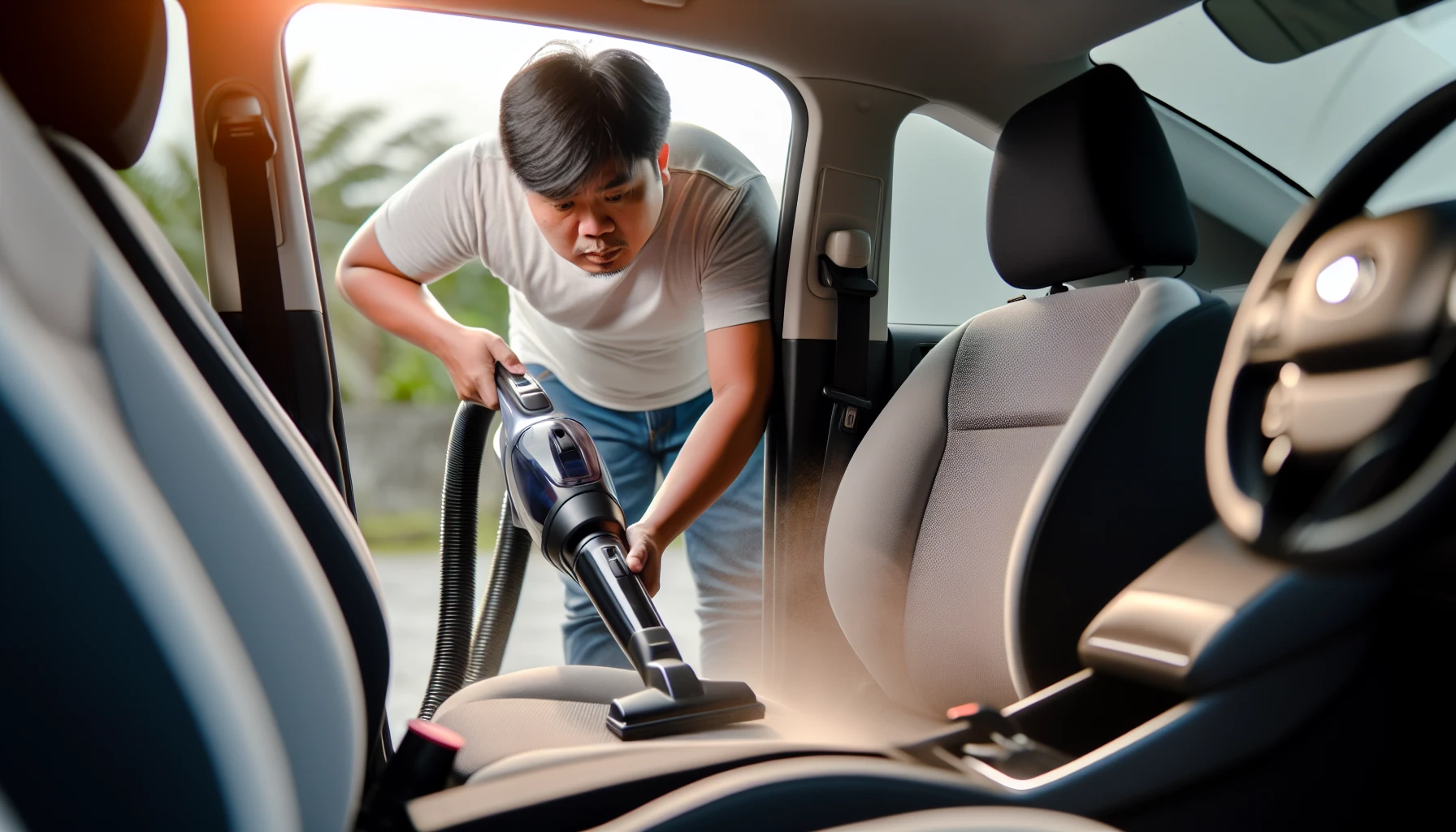 Photo of a person using a vacuum cleaner to clean the vehicle's interior for optimal air quality