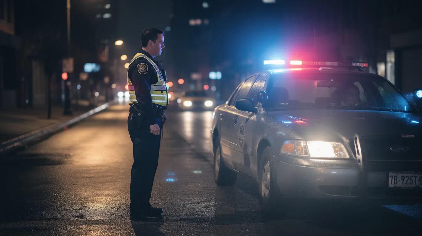 A police officer stands next to a vehicle during a nighttime traffic stop, conducting a DUI investigation under Tennessee law. The scene highlights the serious consequences of driving under the influence, emphasizing the role of law enforcement in ensuring road safety.