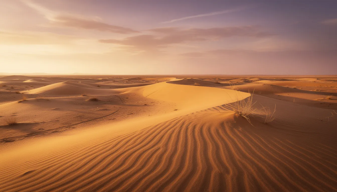 The image depicts golden sand dunes of the Sahara Desert stretching endlessly toward the horizon, illuminated by a warm sunset sky. This stunning landscape invites adventure, perfect for camel trekking and exploring the local Berber culture.