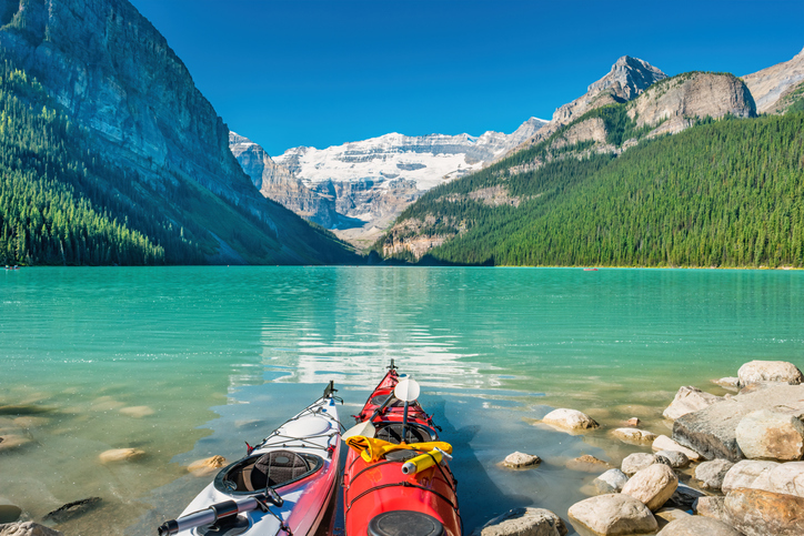 Kayaks at Lake Louise Banff National Park Alberta Canada.