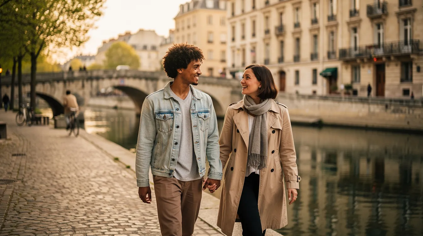 A diverse couple strolls hand-in-hand along a serene riverbank in a picturesque European city, surrounded by charming architecture and lush greenery. Their joyful expressions reflect a moment of connection and love, reminiscent of the journey many couples undertake, including those navigating the application process for an Irish spouse visa.