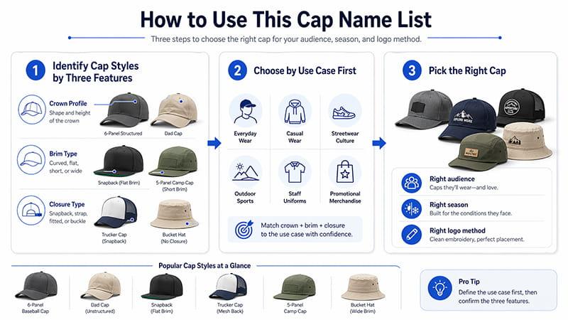 how to use this cap name list infographic showing three steps to choose cap styles by crown brim closure use case and logo method
