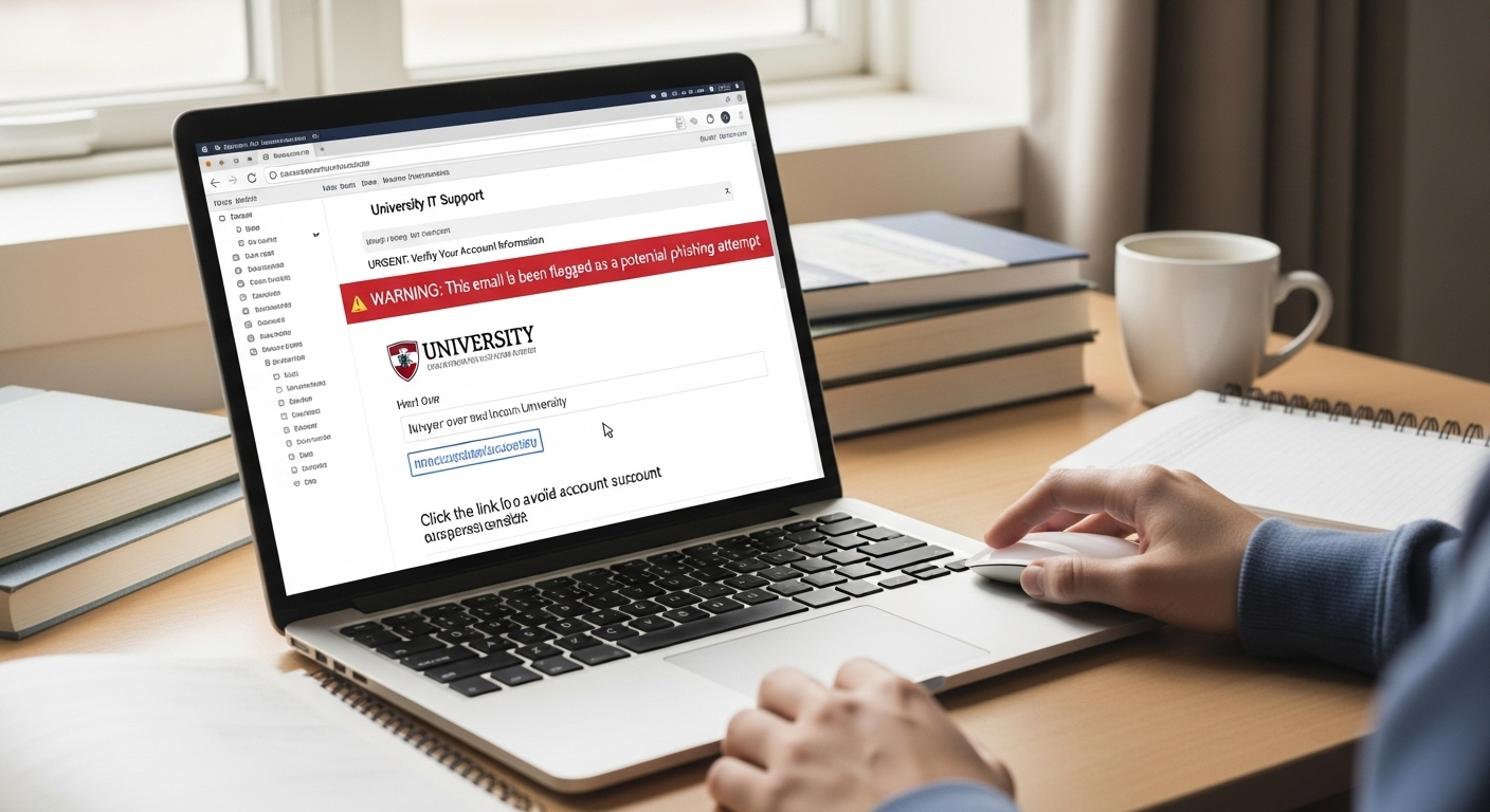 Phishing email attack visualized on a student laptop, appearing legitimate but flagged as a cyber threat.