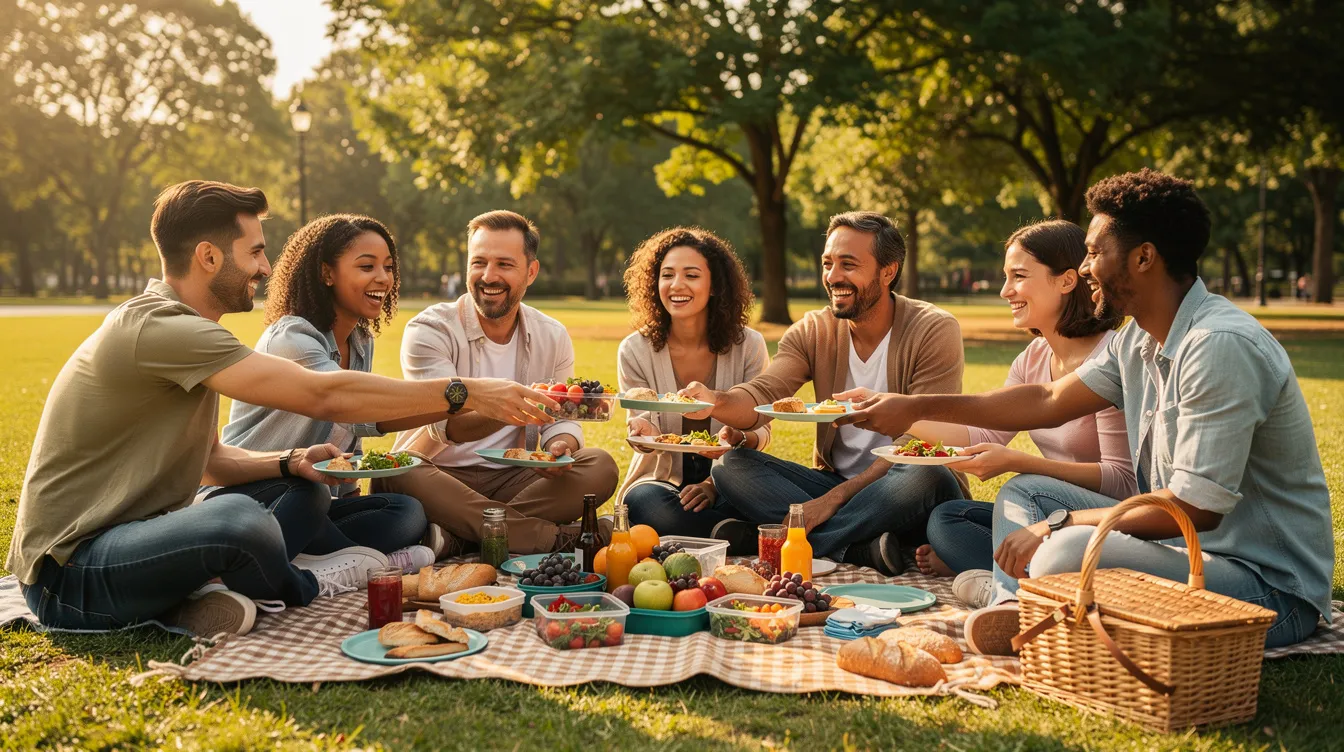 The image depicts a diverse group of people sitting together in a circle outdoors, sharing a meal and enjoying each other's company, embodying the spirit of unity and peace, reminiscent of the Hebrew word "shalom," which signifies wholeness and well-being. This gathering reflects the true meaning of community and connection, fostering a sense of inner peace and harmony among human beings.