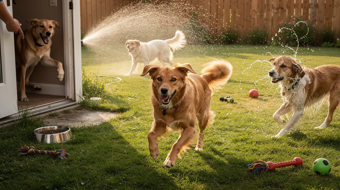The image depicts a joyful young dog, likely a Labrador Retriever, energetically zooming around a grassy dog park, showcasing typical dog behavior during a frenetic random activity period. The dog's body language, with wide eyes and a wagging tail, expresses pure excitement and the release of pent-up energy, capturing the essence of why many dogs experience zoomies.