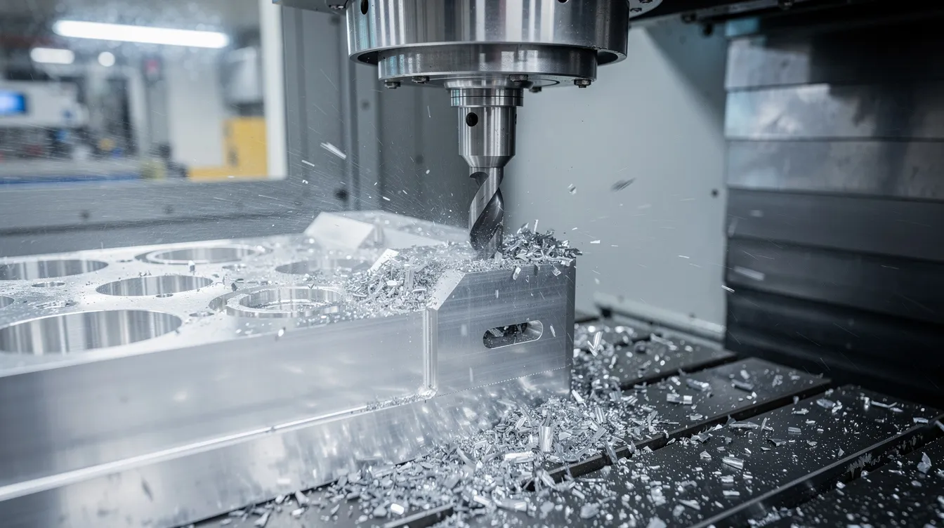 A close-up view of a modern CNC milling machine is shown, actively cutting an aluminum workpiece in a clean factory environment. This advanced equipment exemplifies precision CNC machining, highlighting the intricate details of the machining process within the manufacturing industry.