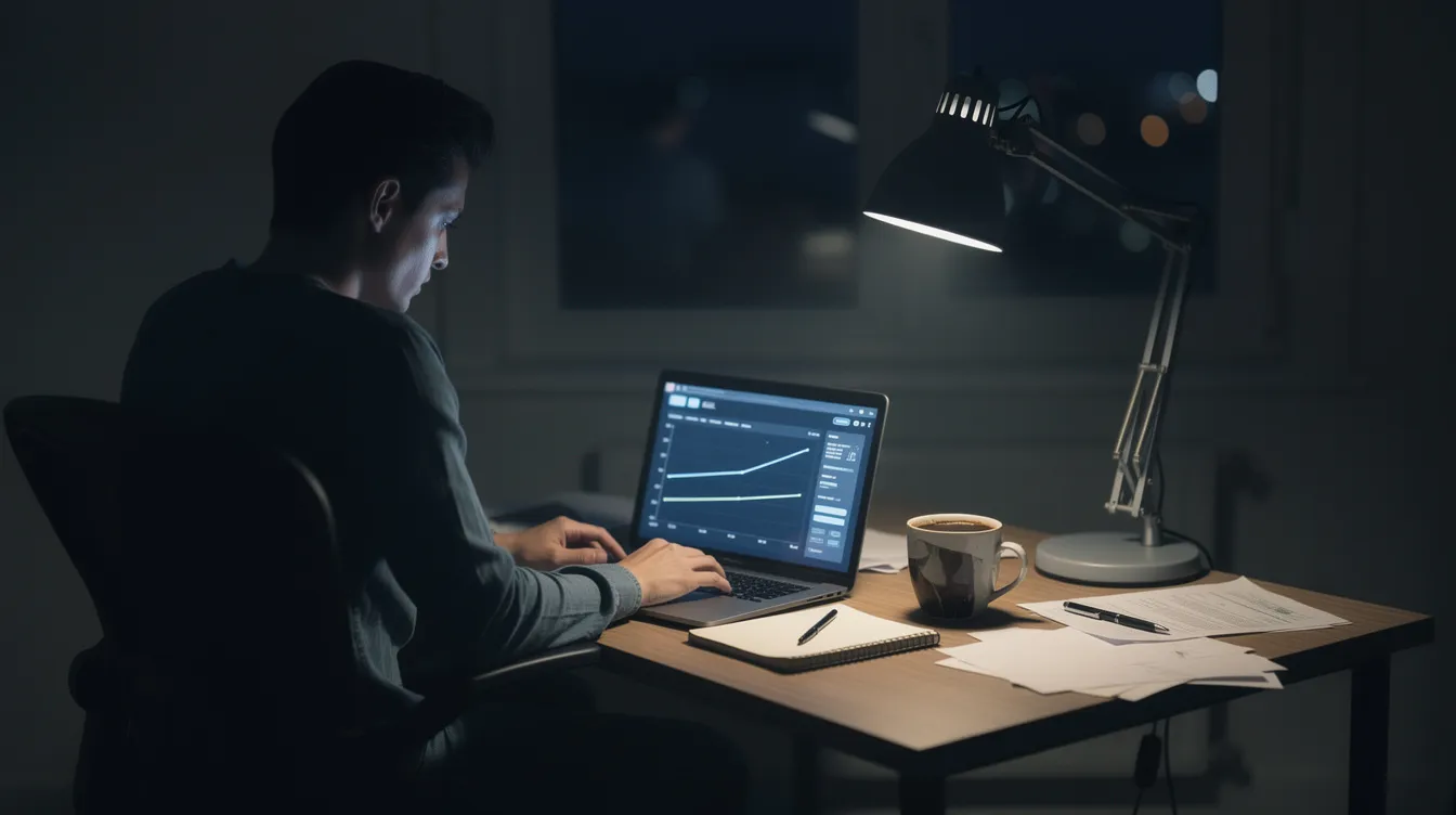 A person is sitting alone at a desk late at night, focused on a laptop displaying flat analytics graphs, possibly related to their YouTube channel. The dimly lit room suggests a late-night session of analyzing data, reflecting the reality of using AI tools in the business world to create content and make money.