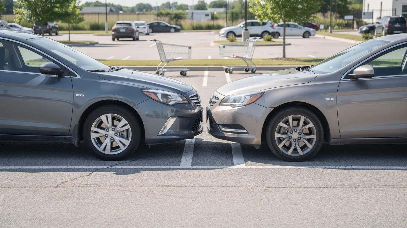 Two cars in a parking lot with minor bumper damage after a low-speed collision, illustrating how even minor car accidents can lead to serious injuries like whiplash or soft tissue damage.