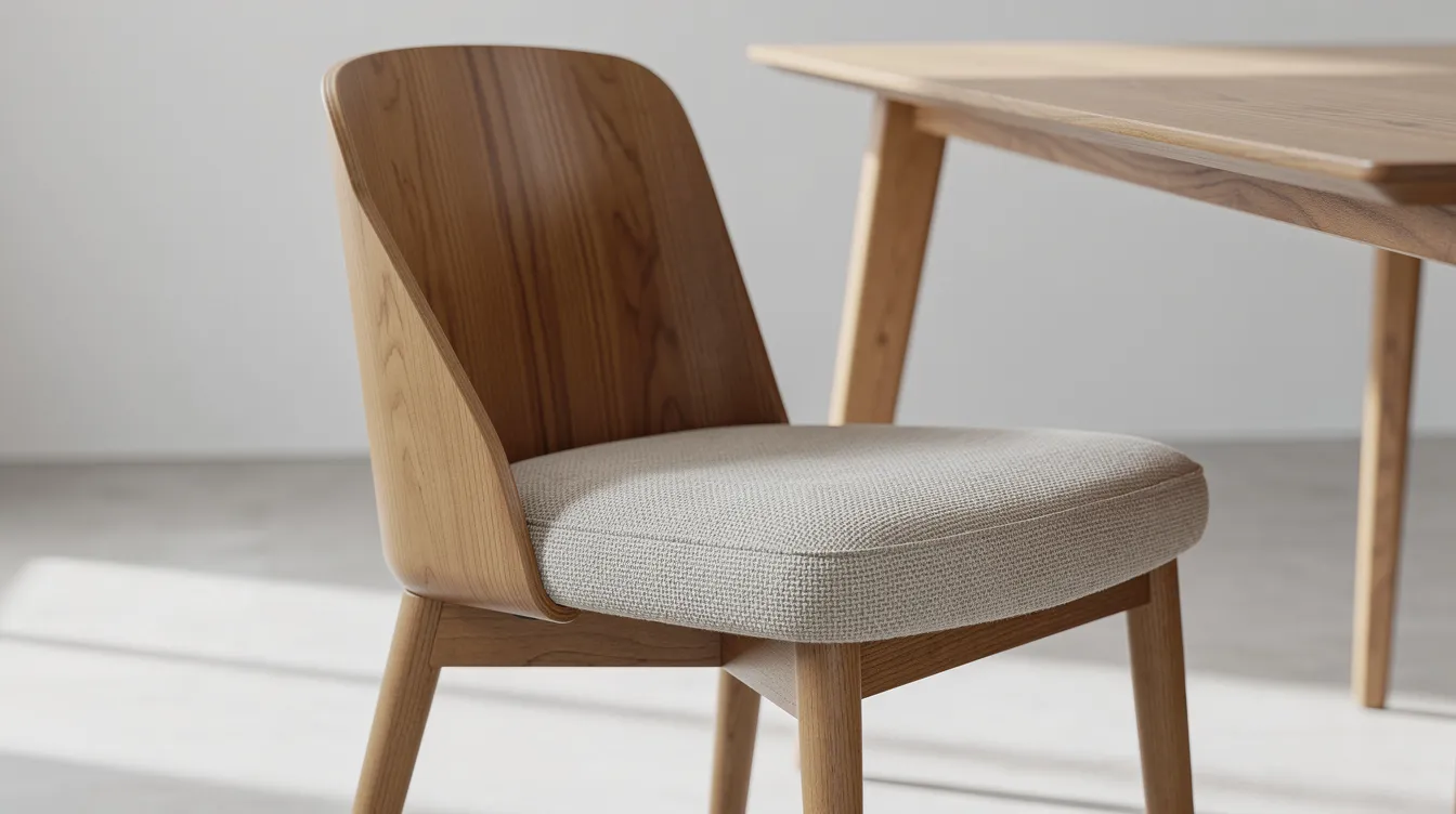 A close-up of a dining chair reveals its gently curved wooden back and a cushioned seat upholstered in a neutral textured fabric, complemented by tapered legs. This stylish piece of dining room furniture enhances the dining area, providing comfortable seating for everyday meals and special occasions alike.