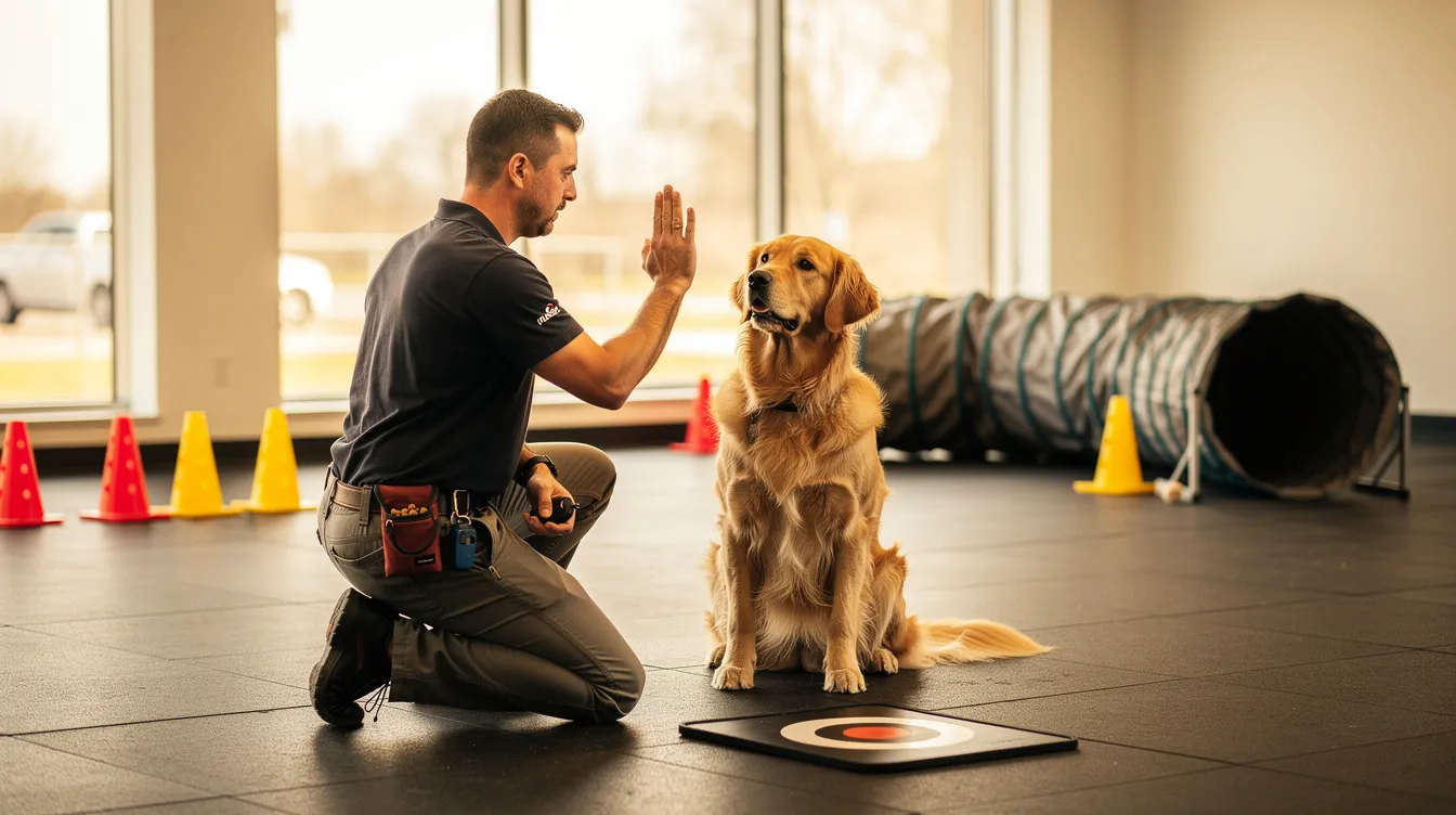 The image depicts a golden retriever puppy engaged in a training session, showcasing its intelligence and eagerness to learn basic commands. The setting highlights a comfortable space with training tools like chew toys and a leash, emphasizing the importance of positive reinforcement in golden retriever training.