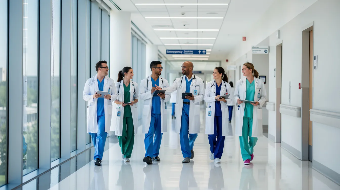 a8aca6e3 ab7e 4f06 aba8 9c9c812d9fe4 A group of medical professionals, including doctors and nurses, is walking through a well-lit, modern hospital corridor, showcasing the healthcare infrastructure and facilities designed for patient care. This scene reflects the commitment to proper treatment and support services within the hospital project.