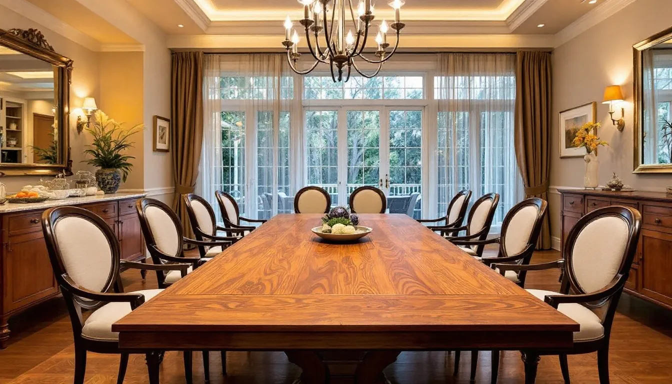 The image depicts eight stylish dining chairs, featuring a mix of contemporary designs, arranged around a large wooden dining table in a spacious dining room, creating an inviting dining area perfect for family gatherings and entertaining guests. The combination of comfortable seating and modern aesthetics enhances the overall decor of the room.