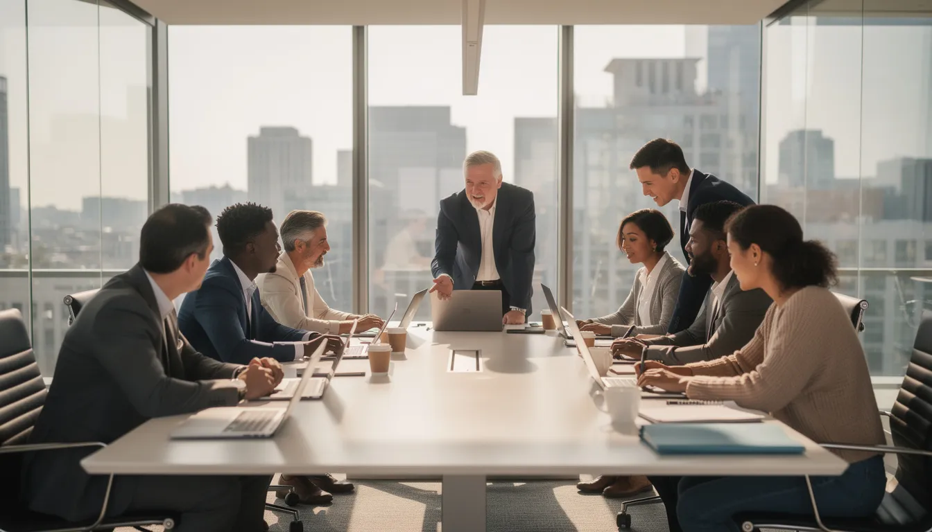 The image shows a diverse group of professionals collaborating around a conference table, each with laptops open, engaged in discussion. This setting emphasizes teamwork and communication, which are essential in understanding complex topics like credit reports and the differences between soft and hard credit inquiries.