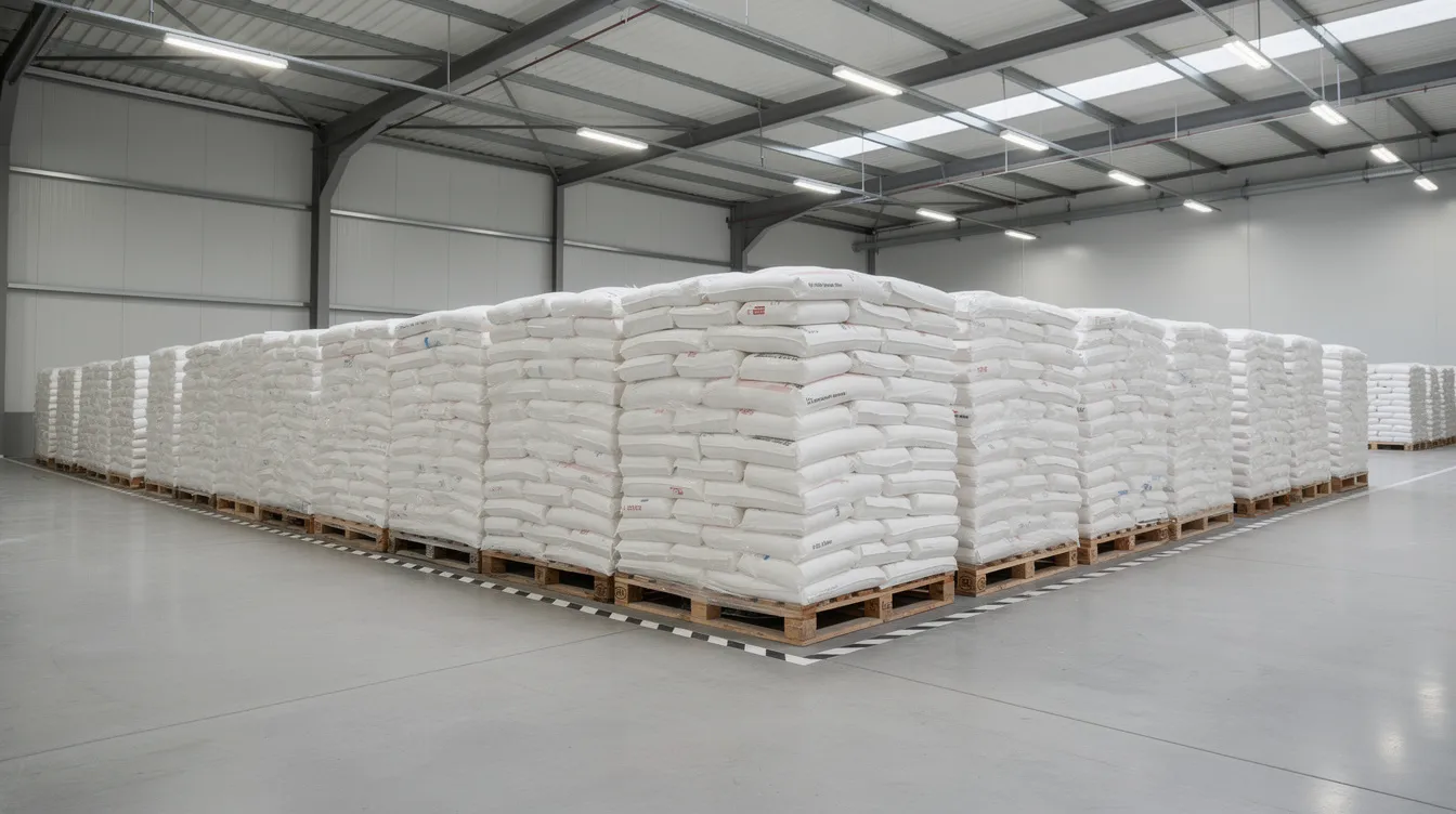 a8af0152 76d0 4059 9e61 3b3cf9f3cefc The image shows neatly stacked bags of high-quality gram flour, also known as besan, on wooden pallets inside a clean industrial warehouse. This setting highlights the organized storage of the final product, which is essential for the besan manufacturing process, ensuring consistency and hygiene in production.