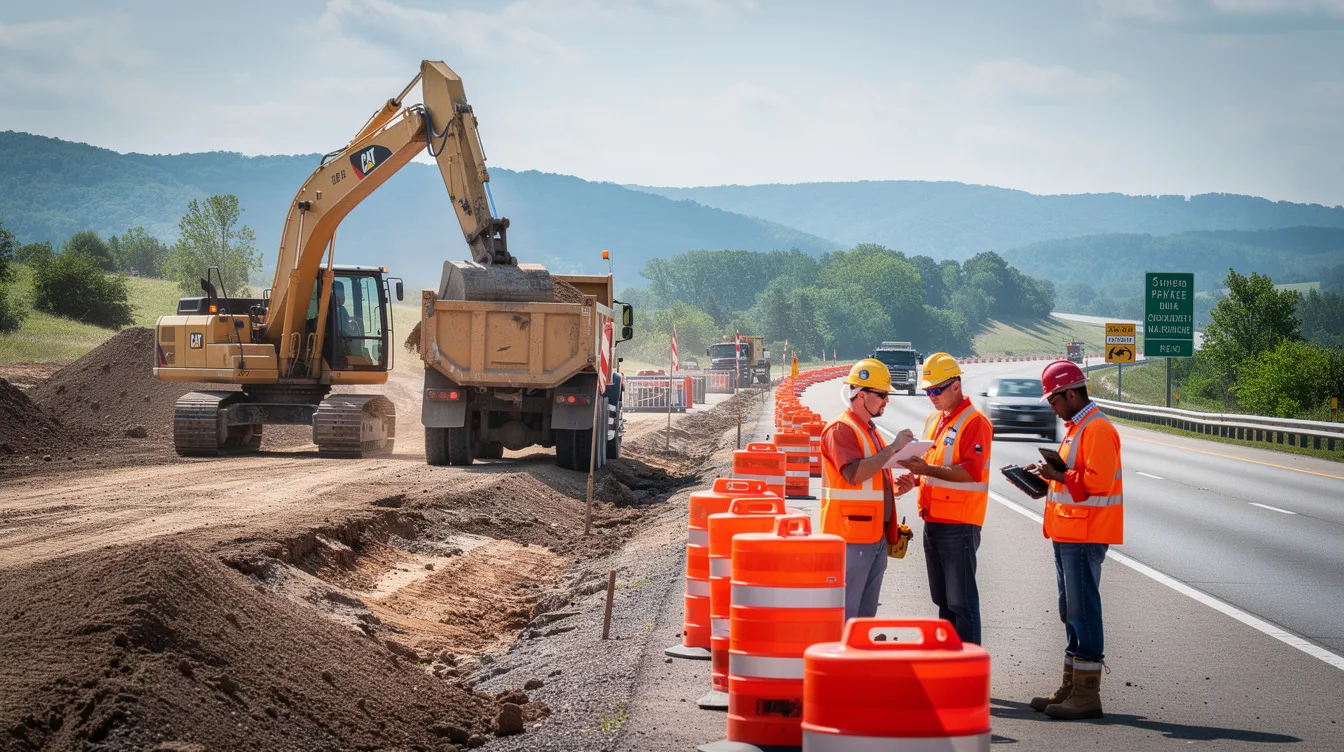 A group of construction workers is operating heavy equipment on a highway project in Tennessee, surrounded by orange cones and various earthmoving machinery. This scene highlights the active construction jobs and apprenticeship opportunities available in the region, showcasing the teamwork and focus required for successful project execution.
