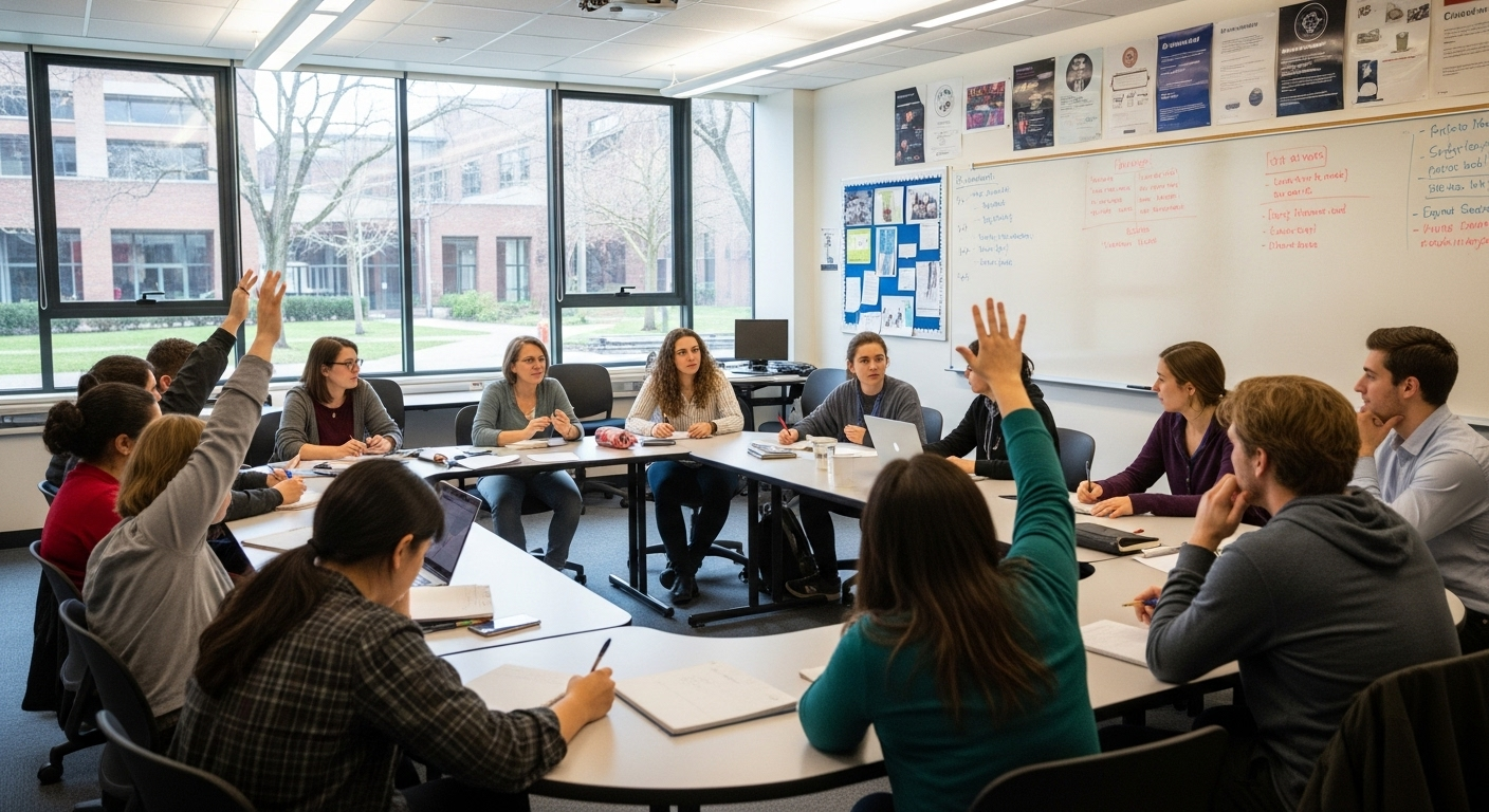 Students engaged in a lively classroom discussion that becomes the basis for a reflective writing assignment.